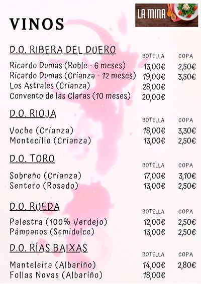 Carta restaurante La Mina