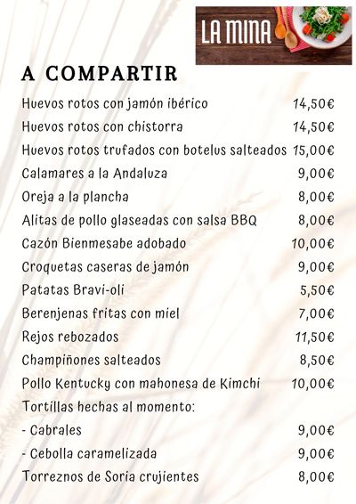 Carta restaurante La Mina