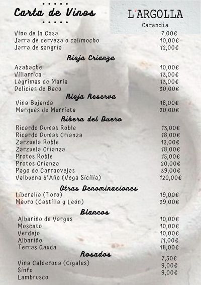 Carta Restaurante L´Argolla