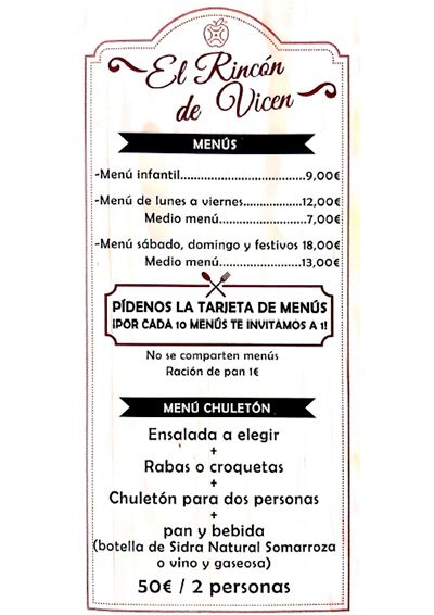 Carta El Rincón de Vicen