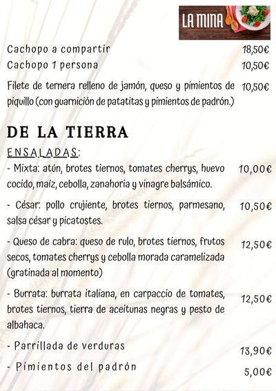 Carta restaurante La Mina