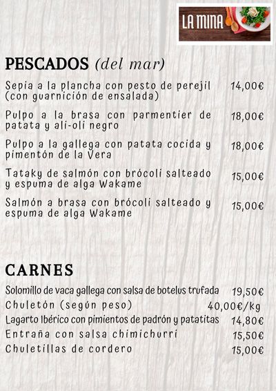 Carta restaurante La Mina