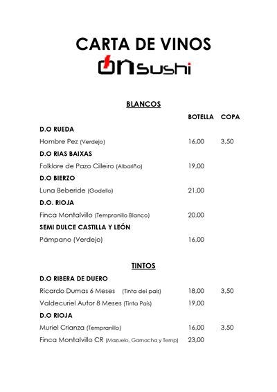 Carta de vinos On Sushi