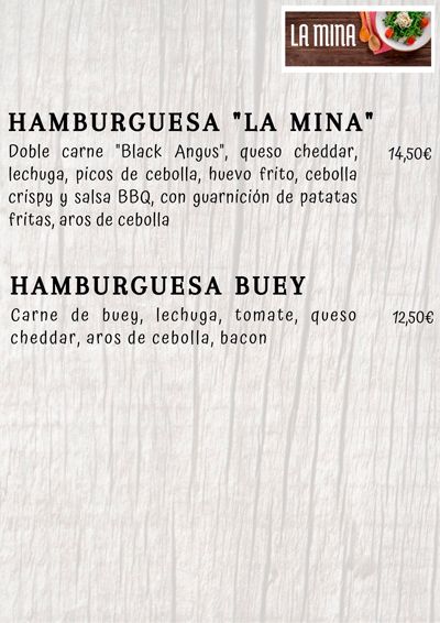 Carta restaurante La Mina
