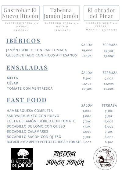 Carta Gastrobar El Nuevo Rincón