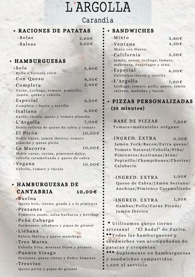 Carta Restaurante L´Argolla