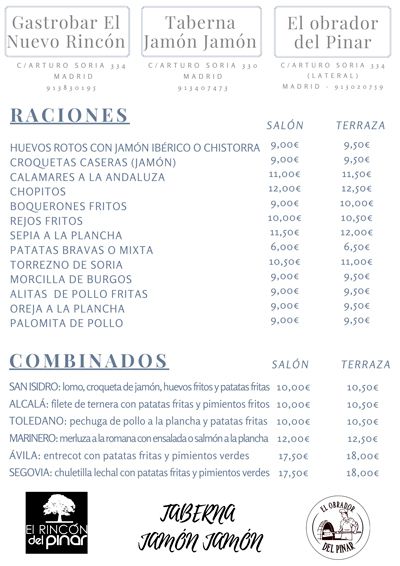 Carta Gastrobar El Nuevo Rincón