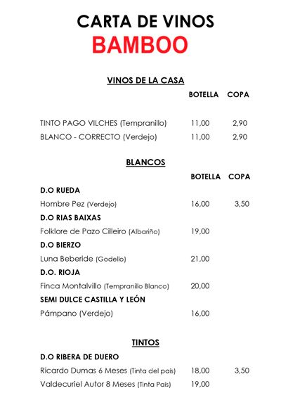 Carta de Vinos Bamboo